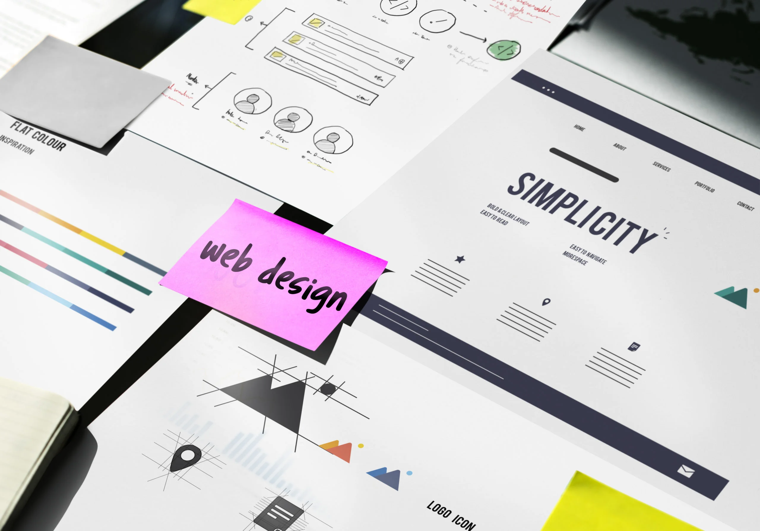 Dieses Bild zeigt das Wort Webdesign vor einem abstrakten Hintergrund, der aus verschiedenen Webseiten zusammengesetzt ist. 